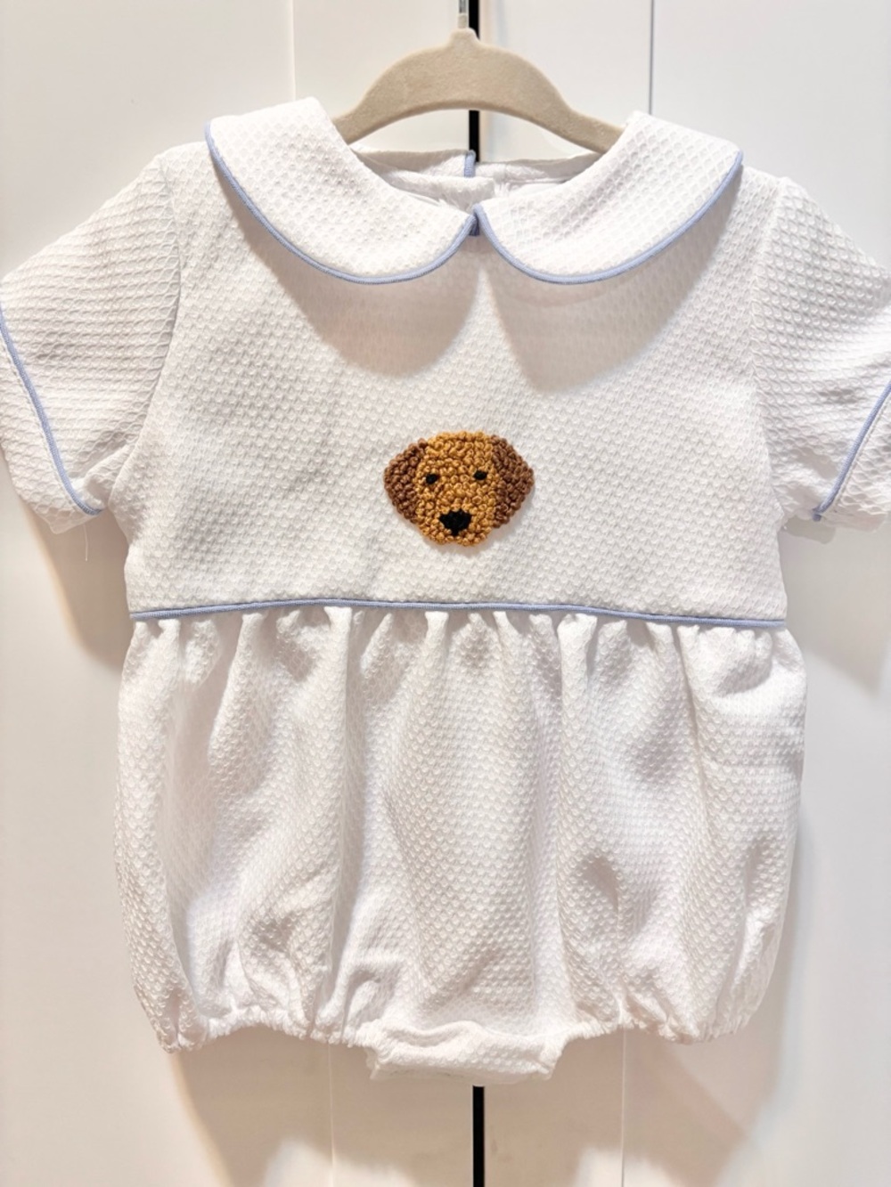 White Baby Bubble Romper with Teddy Appliqué